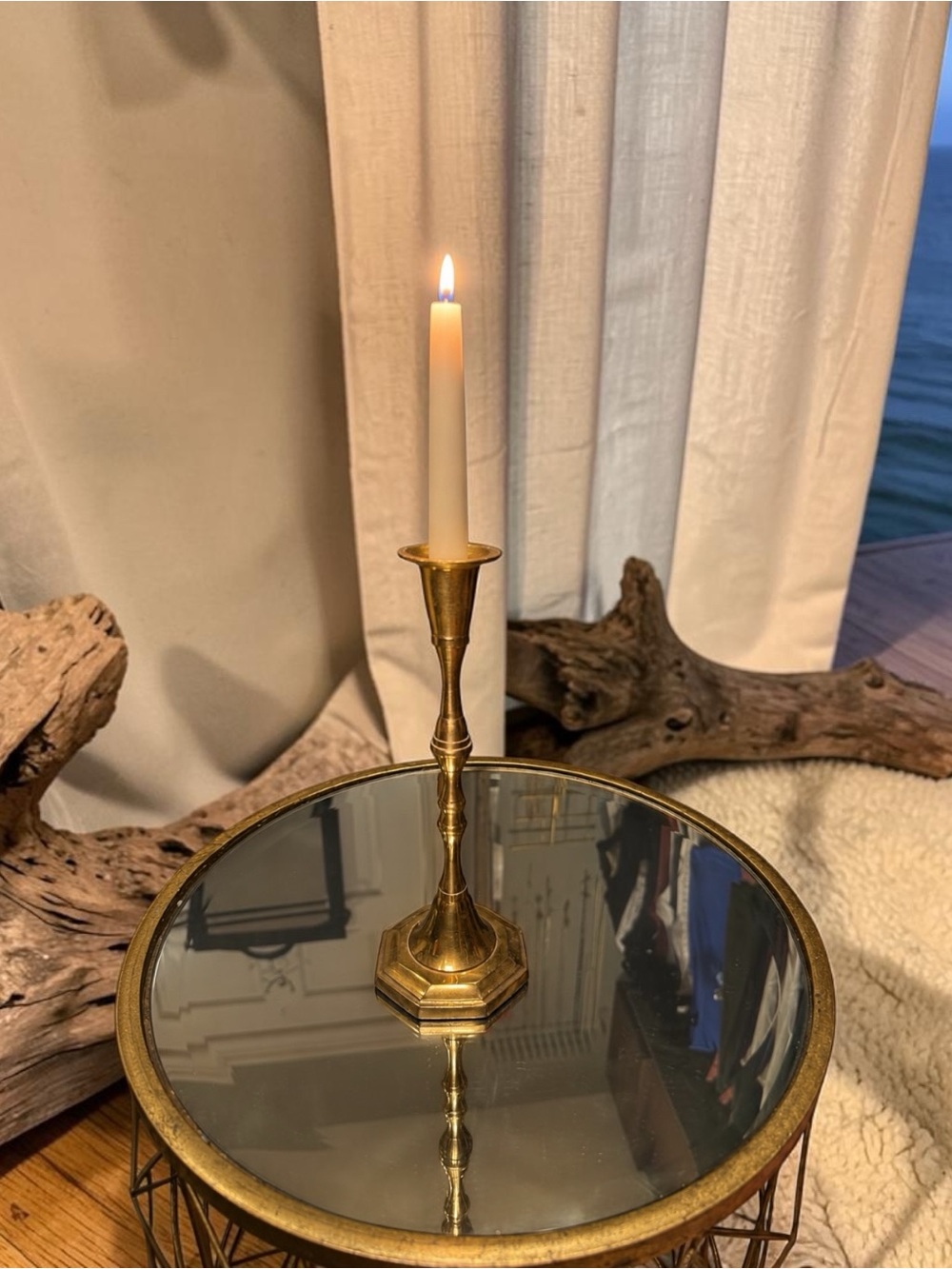 Brass Taper Candle Holder with Mirror Top - Gold
